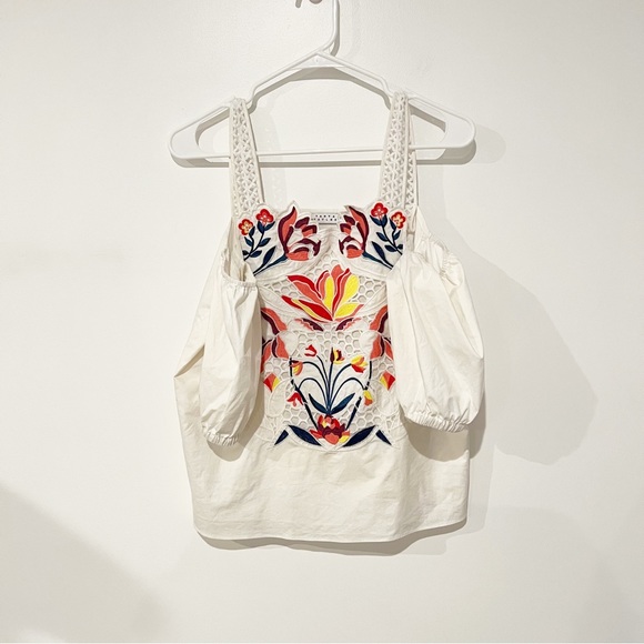 Tanya Taylor Marja Embroidered Floral Cold Shoulder Cotton White Blouse Size 2 - Picture 6 of 8